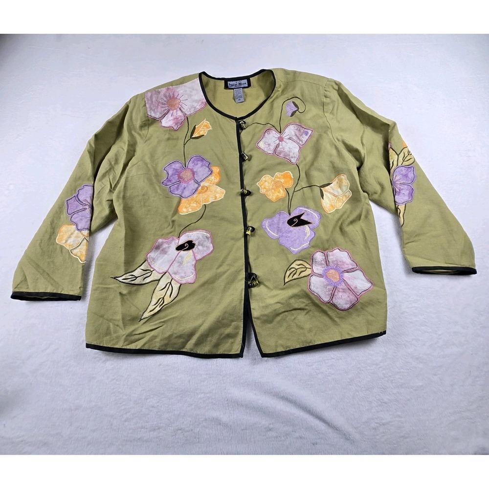 Indigo Moon Jacket Blazer Size 3X Floral Linen Blend Appliqued Boho Embroidery